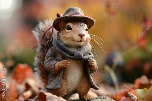 A cozy autumn scene with a squirrel in a scarf and fallen leaves on the ground