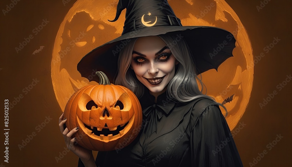 Fototapeta premium Halloween jack o lanterns and witch on various creepy background