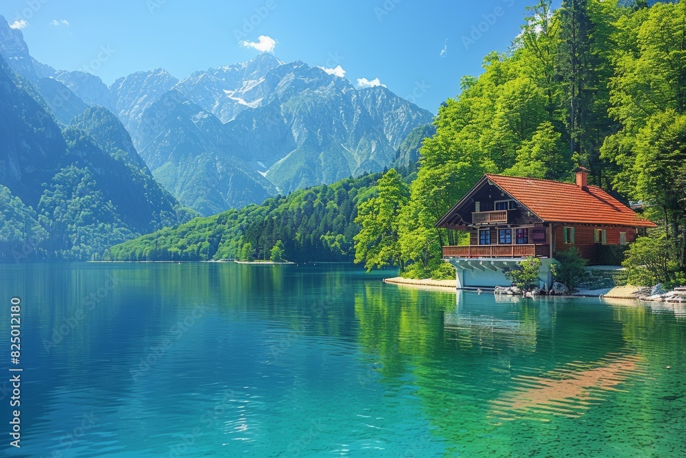 House by Lake Surrounded by Mountains