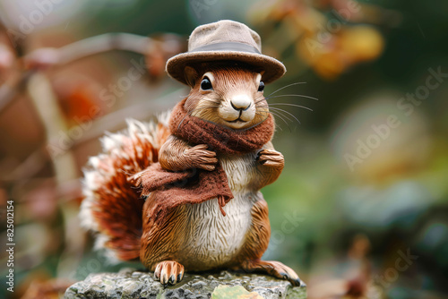 The charm of autumn captured with a squirrel in a plaid scarf and golden leaves