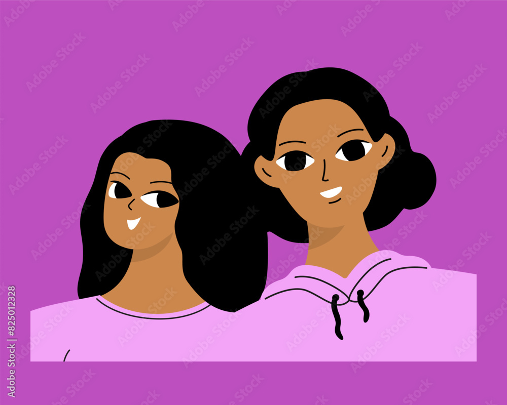 Couple of smiling black girls. Two friends, relatives or students are photographed. Isolated flat cartoon vector . Couple of smiling black girls. Two friends, relatives or students are photographed. Isolated flat cartoon vector .