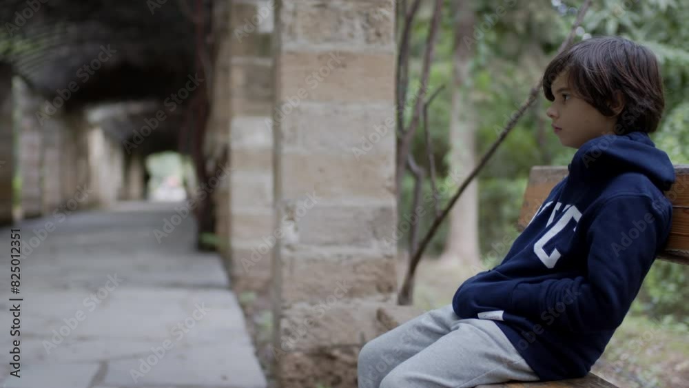 A young boy with a serious expression sits on a wooden bench in a park, hands in his hoodie pockets, surrounded by trees. A young boy with a serious expression sits on a wooden bench in a park, hands in his hoodie pockets, surrounded by trees.