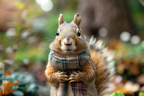 The essence of fall depicted with a squirrel wrapped in a cozy scarf and leaves