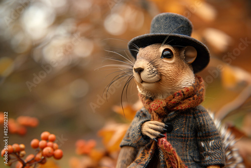 A heartwarming autumn illustration of a squirrel in a scarf and falling leaves, copy space