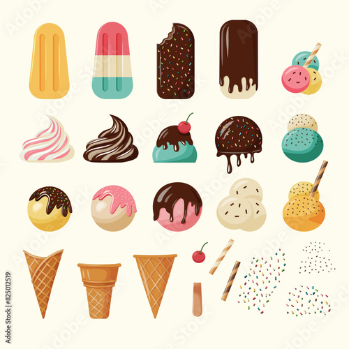 Ice cream designer. Various flavors, cones, toppings and toppings for making ice cream.