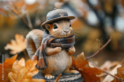 The beauty of fall captured with a squirrel in a cozy scarf amidst autumn leaves