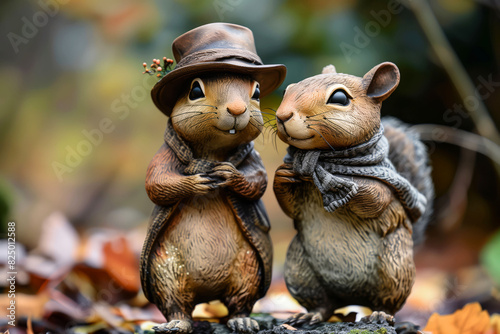 A squirrels embracing the fall season with a cozy scarf and autumn leaves all around