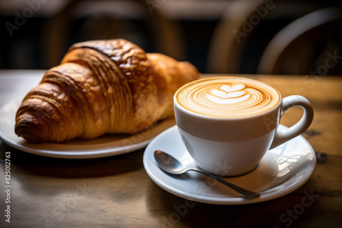 Traditional Italian breakfast with cappuccino and French croissant on a wooden rustic table. The cappuccino in the ceramic cup has creamy latte art on top  a fern made of milk foam and coffee.