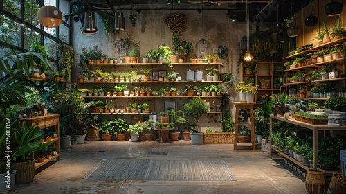 Eco-friendly boutique with recycled materials and a variety of houseplants. photo