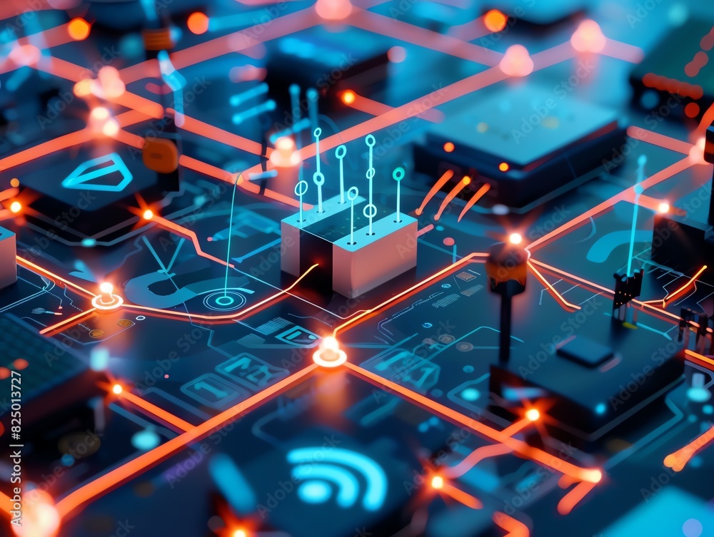 18. Network node connected to multiple devices, showcasing IoT (Internet of Things) concepts, high-definition for detailed visuals 18. Network node connected to multiple devices, showcasing IoT (Internet of Things) concepts, high-definition for detailed visuals