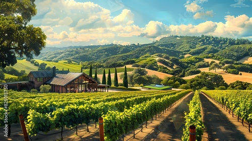 Design an overhead perspective of a picturesque vineyard in summer  with lush grapevines  a tasting pavilion  and panoramic views of rolling vine-covered hills