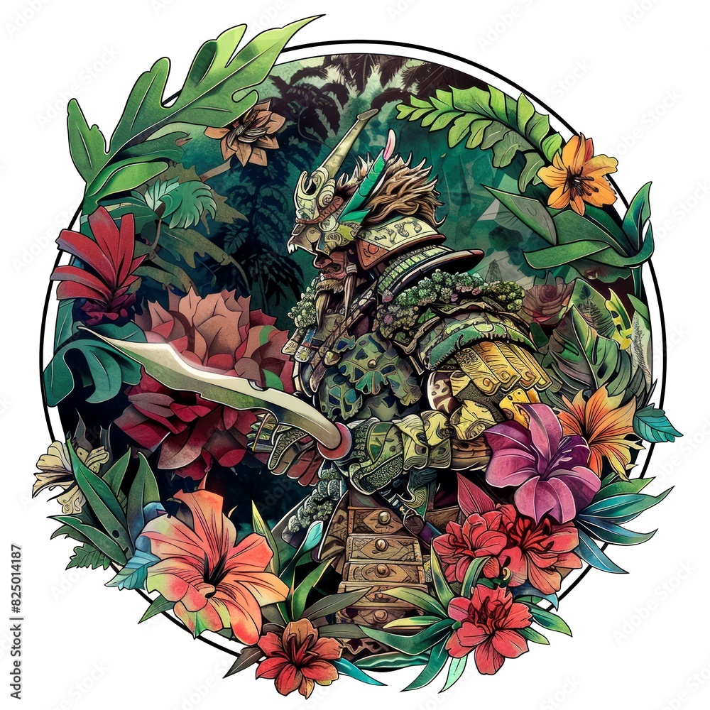 Fototapeta premium illustration art of warrior in the circle frame of flower isolate on white background