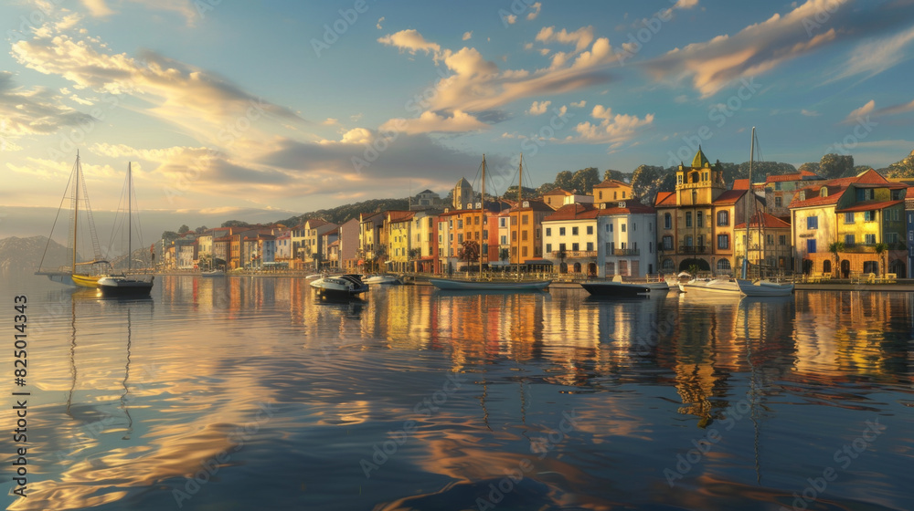 A panoramic view of a picturesque coastal town at golden hour