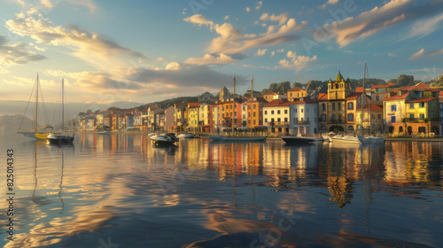 A panoramic view of a picturesque coastal town at golden hour