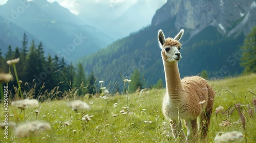 Alpaca in the meadow. Animal in the mountains