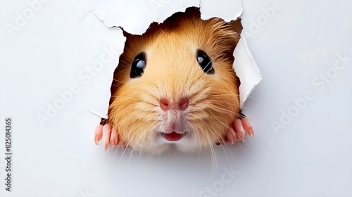 Cute Guinea Pig peeking out of a hole in white paper, with a funny expression, cute pet photography, pet magazine cover photo