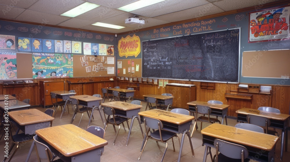 A 1990s school classroom with a chalkboard, desks arranged in rows, and posters of educational cartoons on the walls