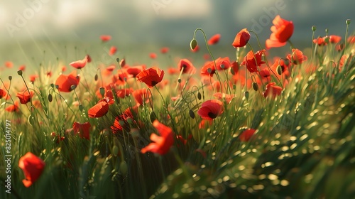 generate a field of poppies, their vibrant red petals dancing in the breeze