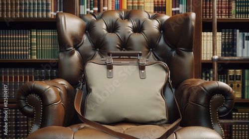 A blank vintage-style doctor's bag placed on an old leather chair in a library, surrounded by books, invoking the nostalgia and tradition of old-school medicine. photo