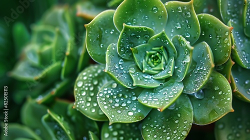 7. Detailed macro shot of a succulent plant, showcasing leaf texture and water droplets, vibrant greens and clear details photo