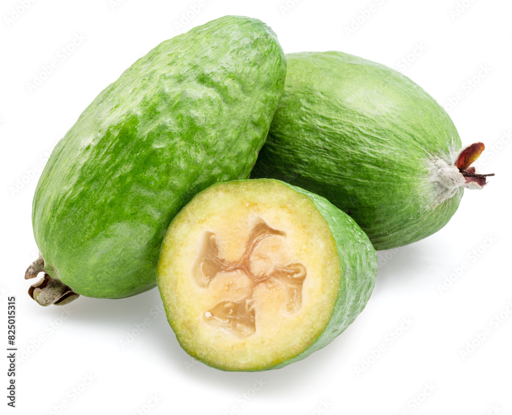 Feijoa fruits and slice of feijoa isolated on white background. Feijoa fruits and slice of feijoa isolated on white background.
