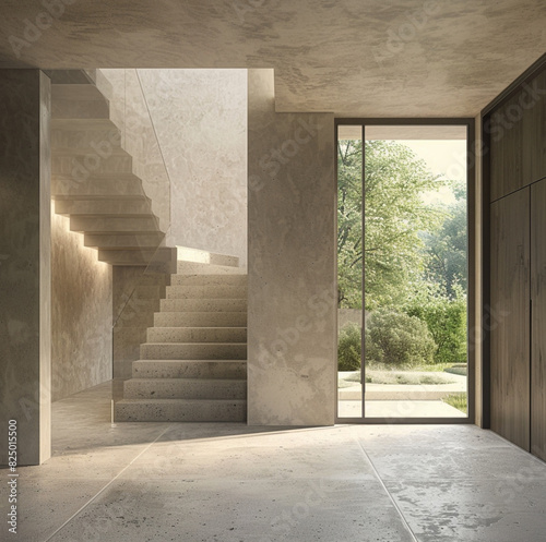 fairly modern entrance hall of a house with a staircase going to the right, interior view, 1 interior wall is in concrete covered with a simple white paint, We see the garden through the door photo