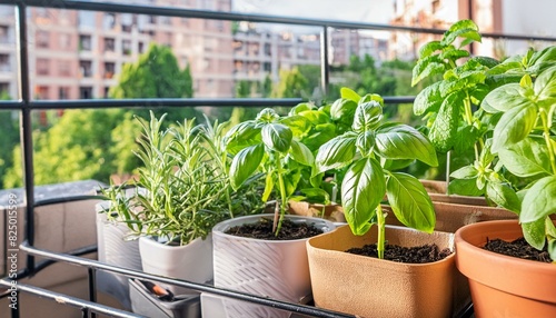 Balcony herb garden concept. Beautiful lush herb garden on city apartment balcony, with pots of basil, mint, rosemary thriving in the urban environment