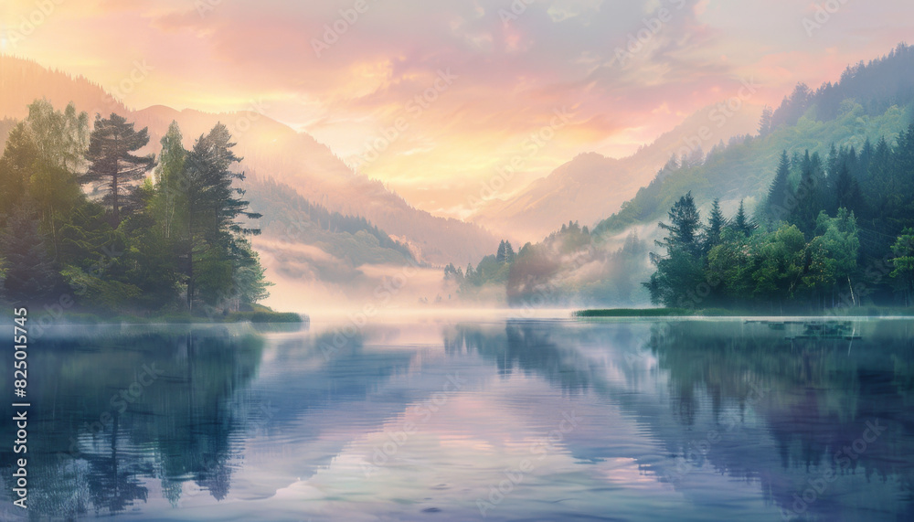 Panoramic view of a serene mountain lake at dawn, surrounded by lush forests and mist, soft oil painting style, warm pastel colors, reflecting a sense of calm and tranquility