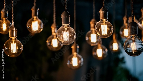 Closeup of hanging modern LED light bulbs with blurry bokeh background. Warm lighting, nice, cozy atmosphere, evening time (4) photo