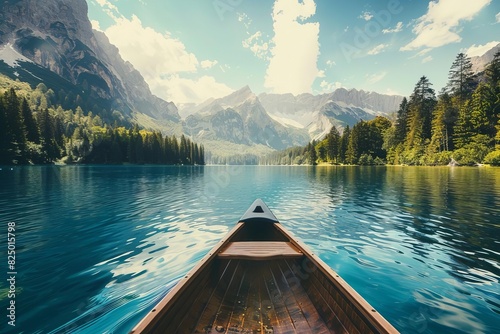 serene canoeing adventure on tranquil mountain lake majestic natural landscape outdoor recreation photo
