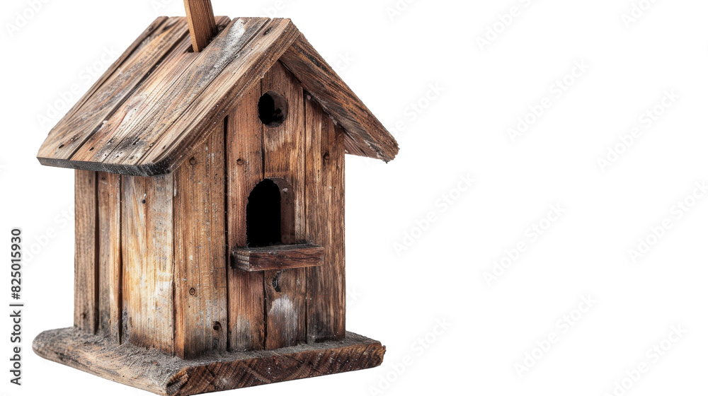 A wooden birdhouse featuring a bird standing on its roof in a garden setting A wooden birdhouse featuring a bird standing on its roof in a garden setting