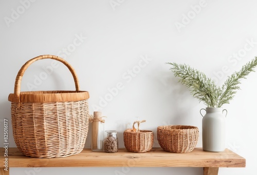 Rustic Wooden Shelf with Wicker Basket and Decorative Items