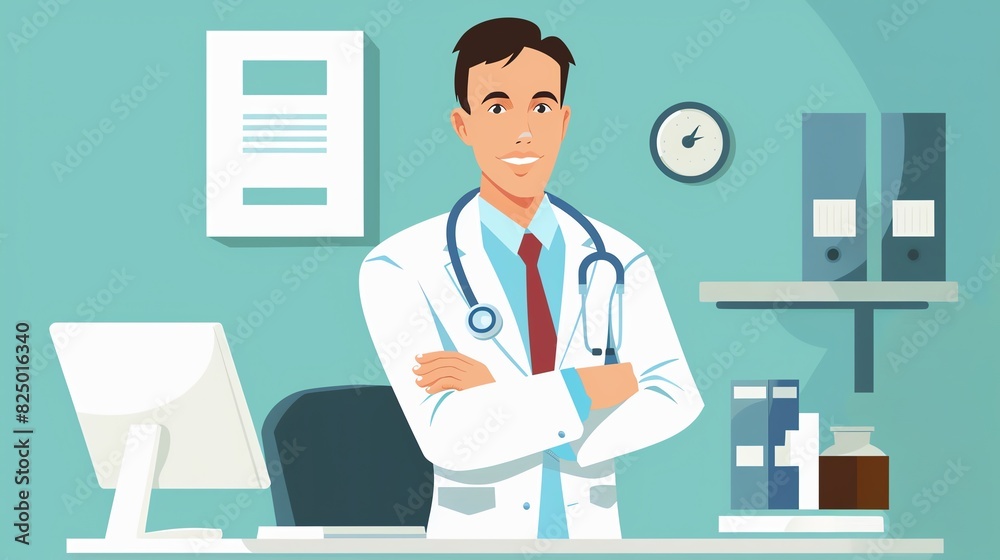 Physician with stethoscope flat design front view examination room theme cartoon drawing Analogous Color Scheme Physician with stethoscope flat design front view examination room theme cartoon drawing Analogous Color Scheme