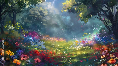 Illustrate a meadow of wildflowers  alive with the colors of the rainbow