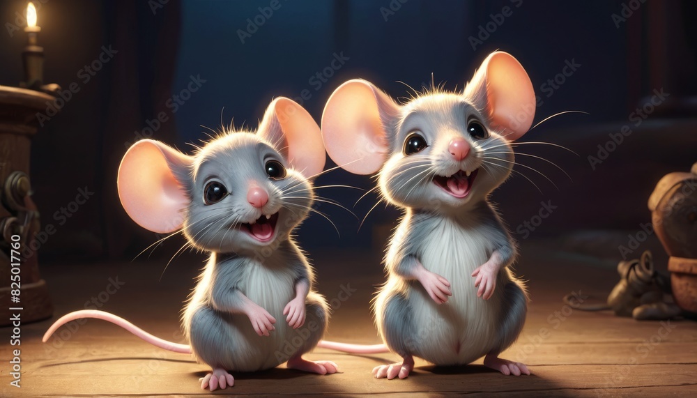 Two cartoon mice with charming expressions stand in a spotlight, offering a sense of wonder and friendship.
