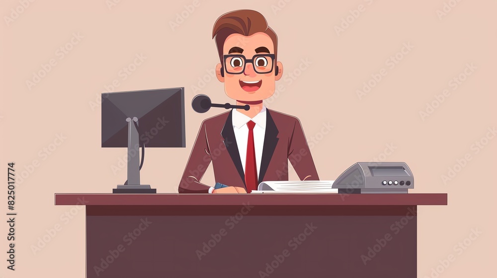 Announcer in uniform flat design side view news desk theme cartoon drawing Tetradic color scheme