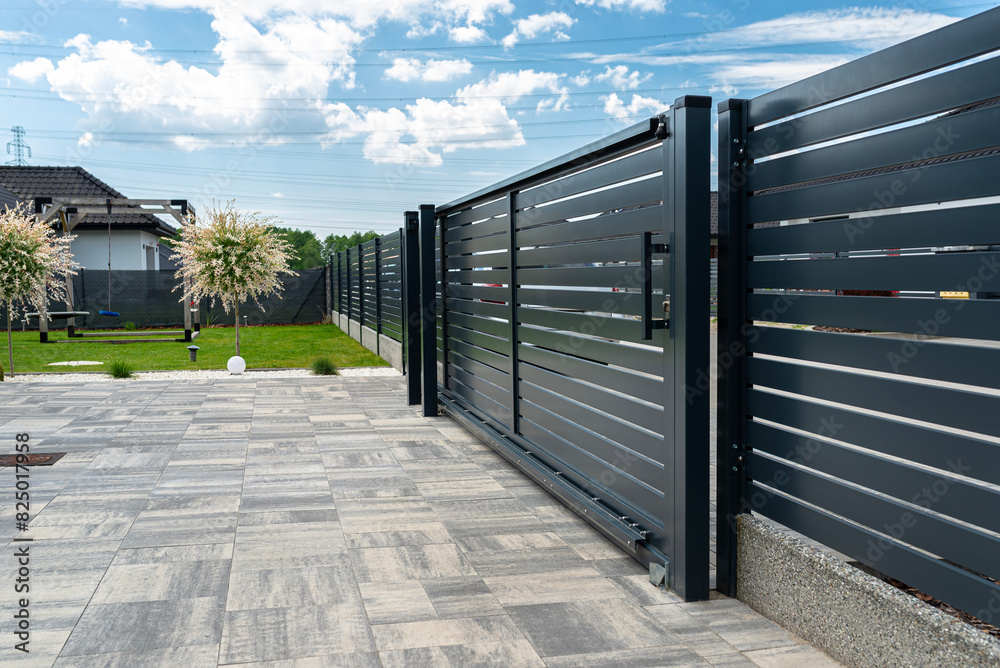 A modern panel fence in anthracite color, visible sliding gate to the garage and a slab driveway. A modern panel fence in anthracite color, visible sliding gate to the garage and a slab driveway.
