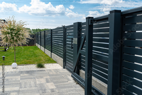 A modern panel fence in anthracite color, a visible sliding gate to the garage and a wicket with a letterbox.