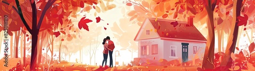 A couple standing in front of their house, holding hands and smiling at each other with love in the background. The scene is set against an autumn backdrop with red leaves falling from trees around th
