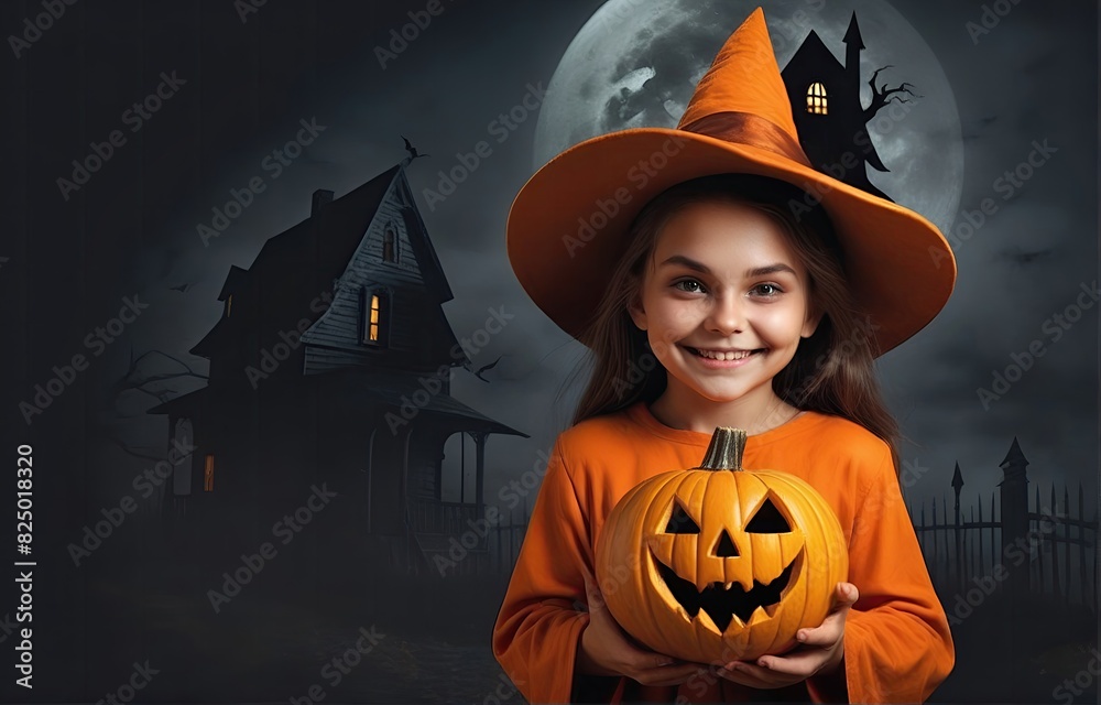Fototapeta premium Halloween jack o lanterns and witch on various creepy background