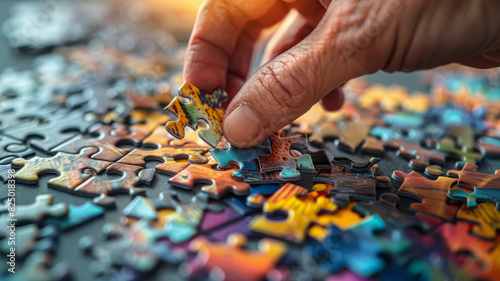 A hand assembling a colorful jigsaw puzzle