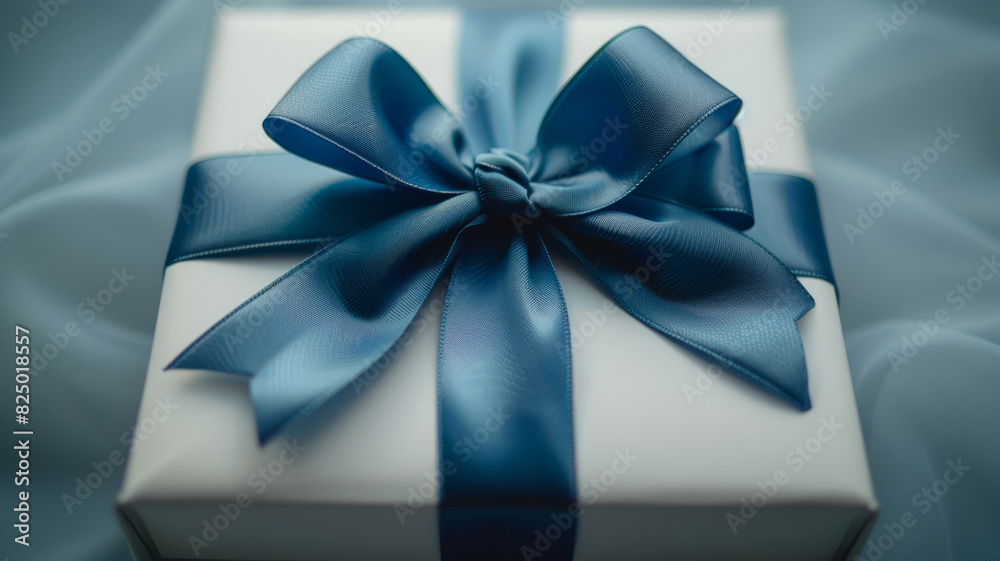 A white gift box with a blue ribbon and bow on a soft background. A white gift box with a blue ribbon and bow on a soft background.