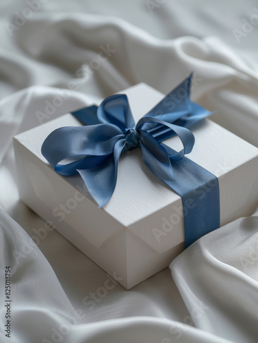 A white gift box with a blue ribbon on silky fabric.