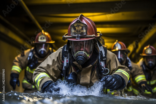 A group of firefighters conducting training exercises, simulating rescue scenarios with dedication and teamwork.