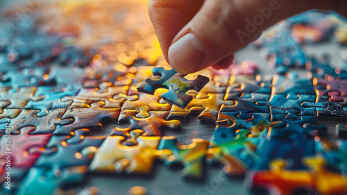 Hand placing a piece of a colorful jigsaw puzzle.