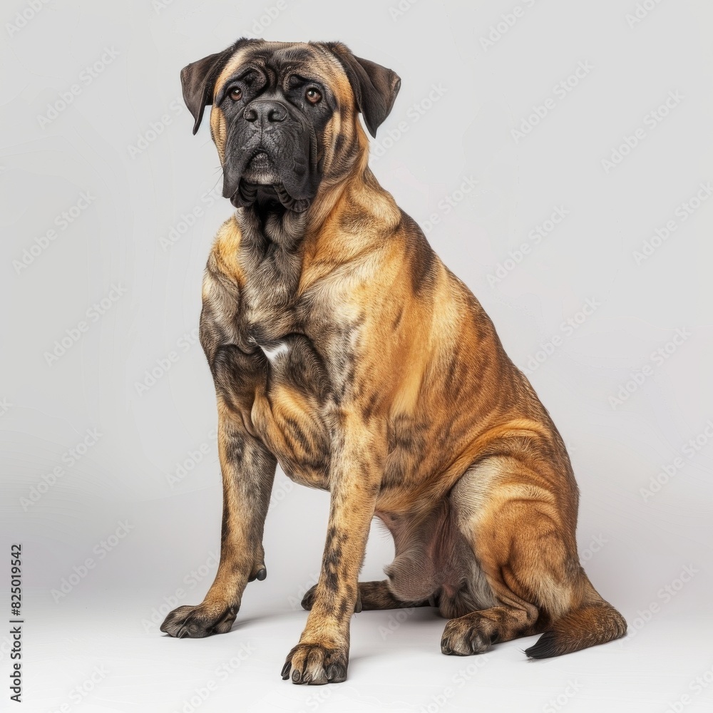 a sitting Mastiff dog, front view, full isolated body, side view, white solid background