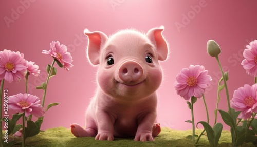 A delightful depiction of a beaming piglet surrounded by vibrant pink flowers, creating a scene of happiness.