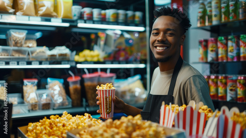 Cheerful Concession Stand Worker in Cinema Selling Popcorn and Drinks