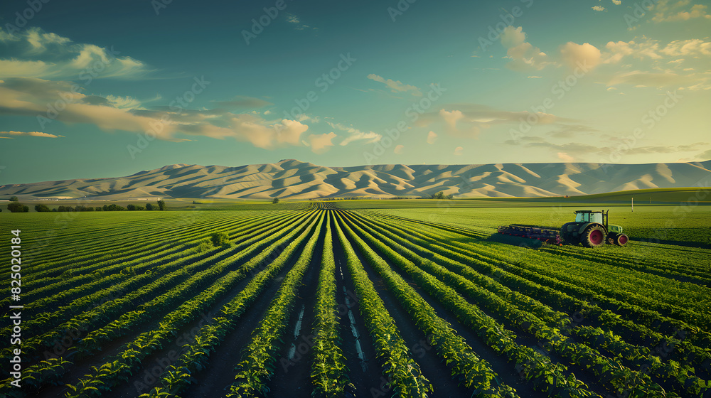 Vibrant Agricultural Landscape with Lush Fields and Tractor Under a Clear Blue Sky