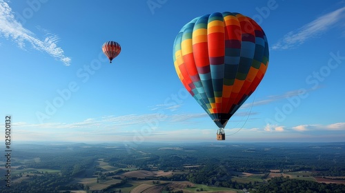 vibrant hot air balloon soaring high in a clear blue sky with a picturesque landscape